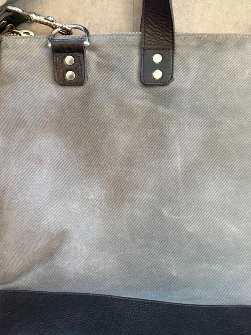 Ernest Alexander Varick gray twill canvas briefcase, dark brown leather